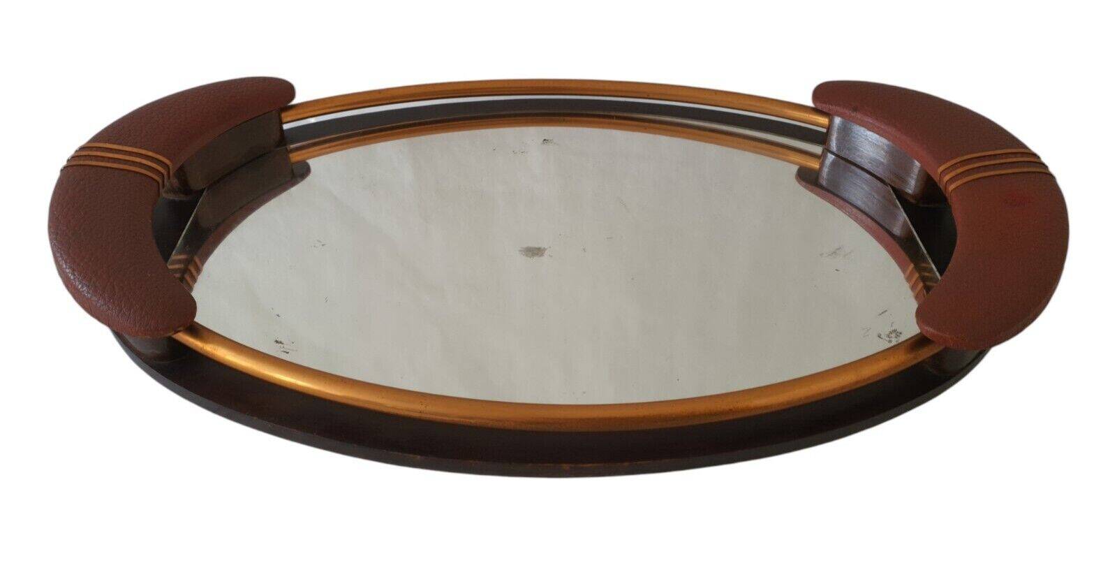 Old Superb Art Deco Style Tray Mirror Handle In Leather Or Faux Vintage