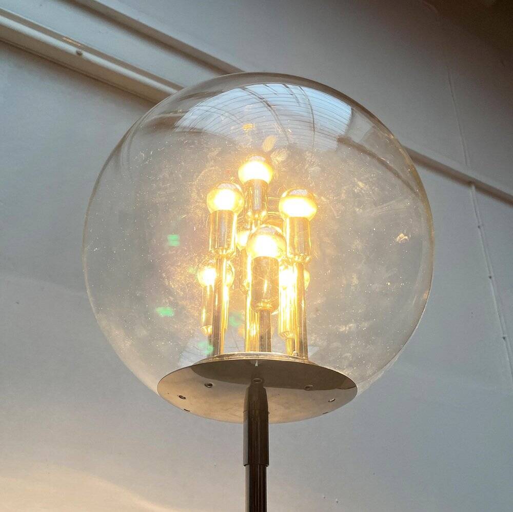 Spherical chrome and glass planetary floor lamp from the mid-century German space age by Doria Leuchten, 1960s.