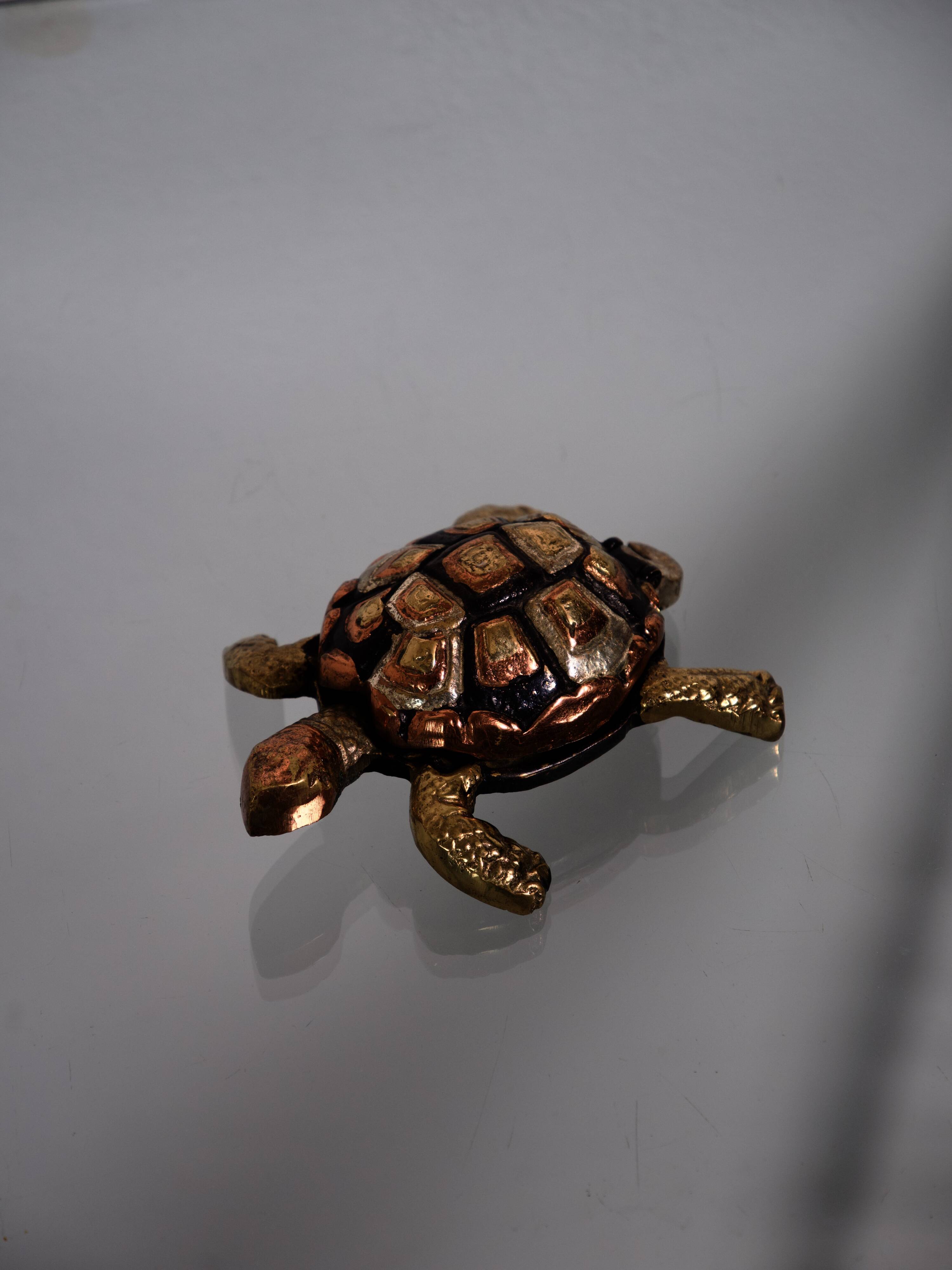 Golden brass turtle in decorative ashtray