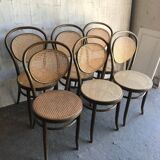 Set of 6 brown bistro chairs in beech with natural cane seat, Germany 1960s.