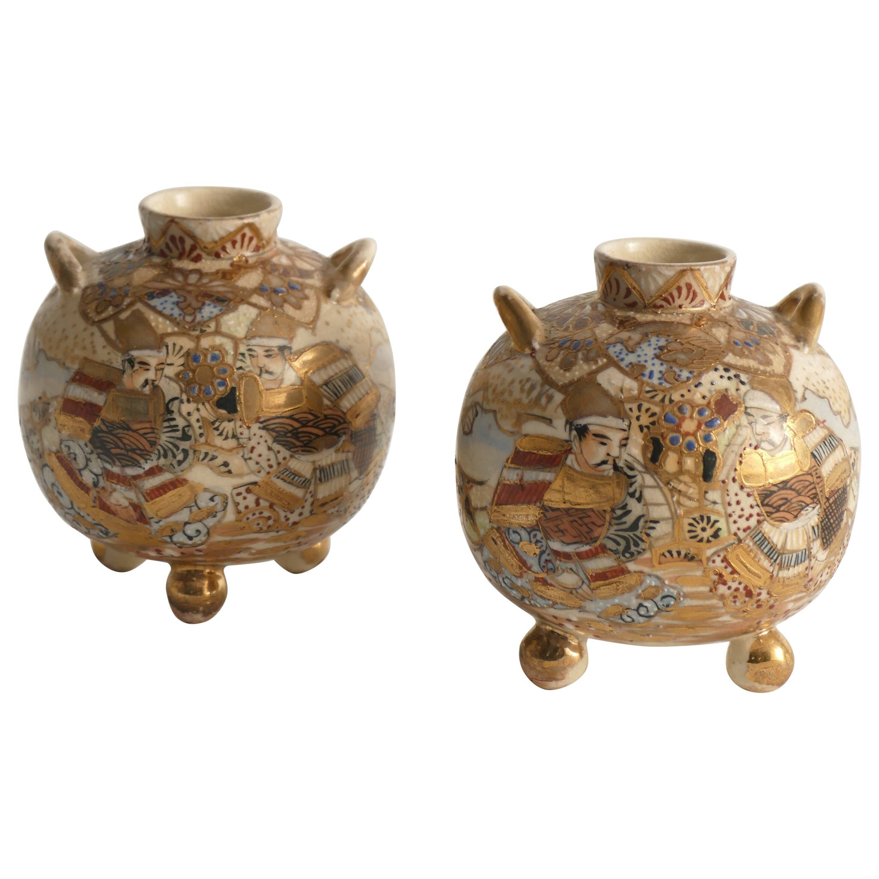 Satsuma Earthenware Vases, Hand-Painted Polychrome, Japan, Set of 2