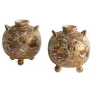 Satsuma Earthenware Vases, Hand-Painted Polychrome, Japan, Set of 2