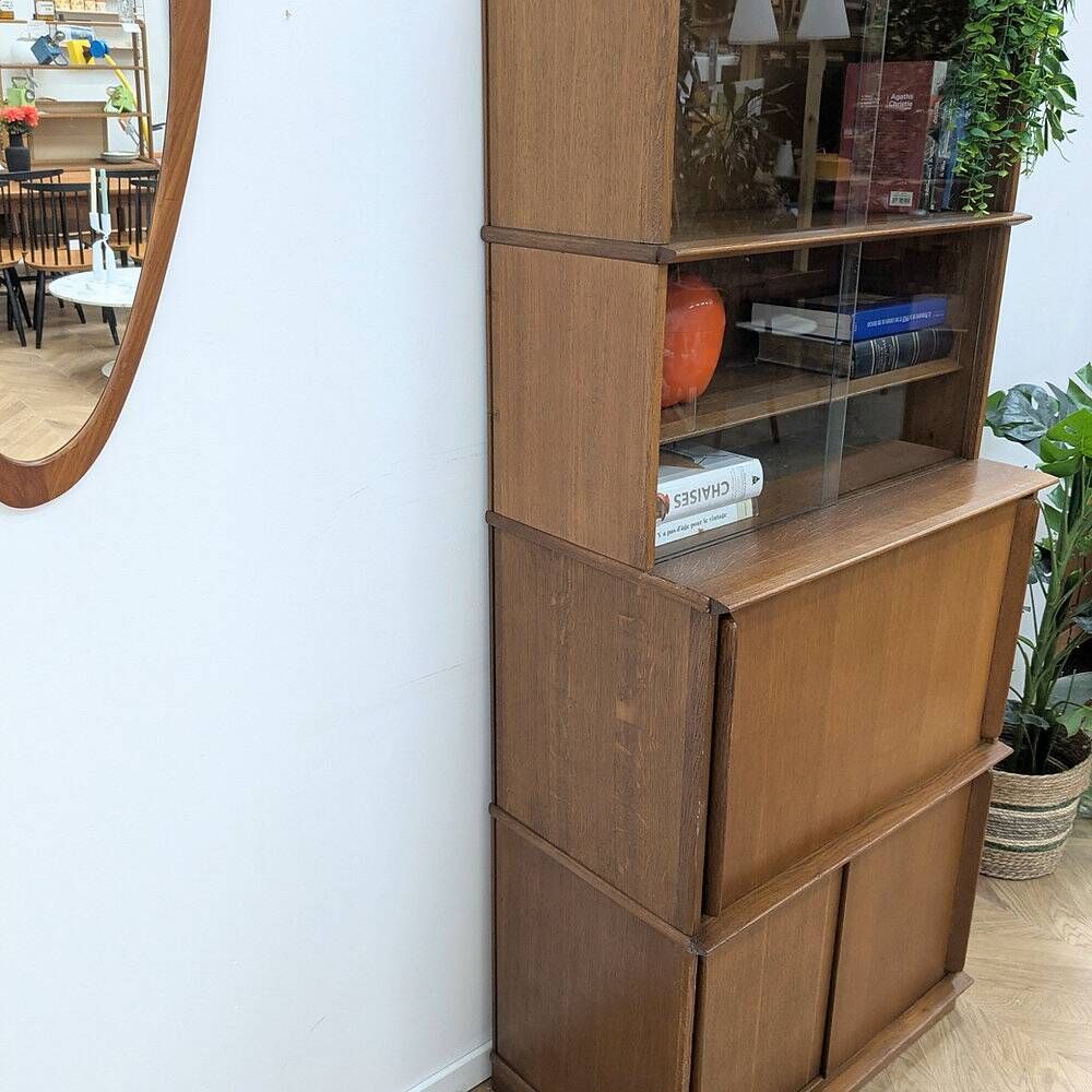 Vintage library by Didier Rozaffy for Oscar, oak and glass, 1950s.