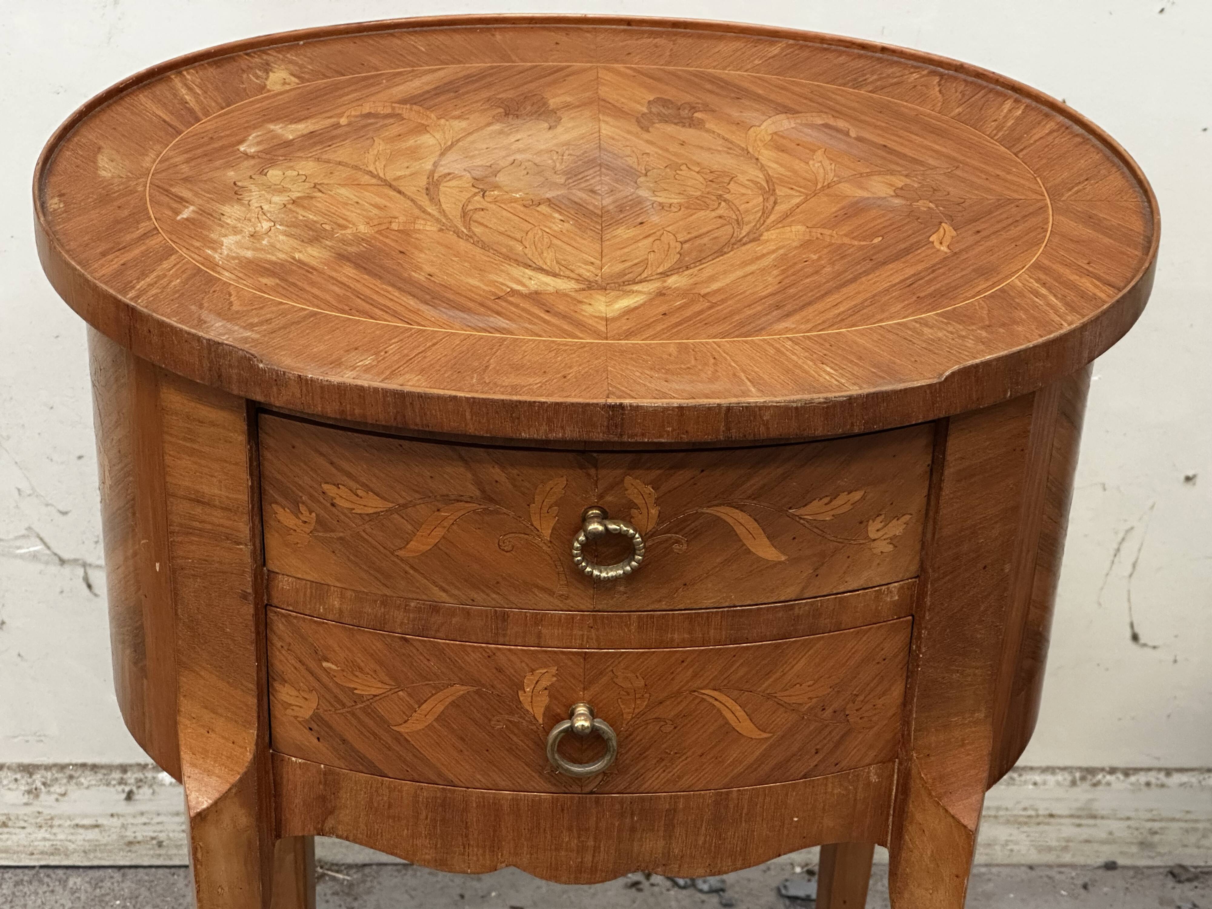 Oval side table in marquetry wood, Louis XVI style - early 20th century