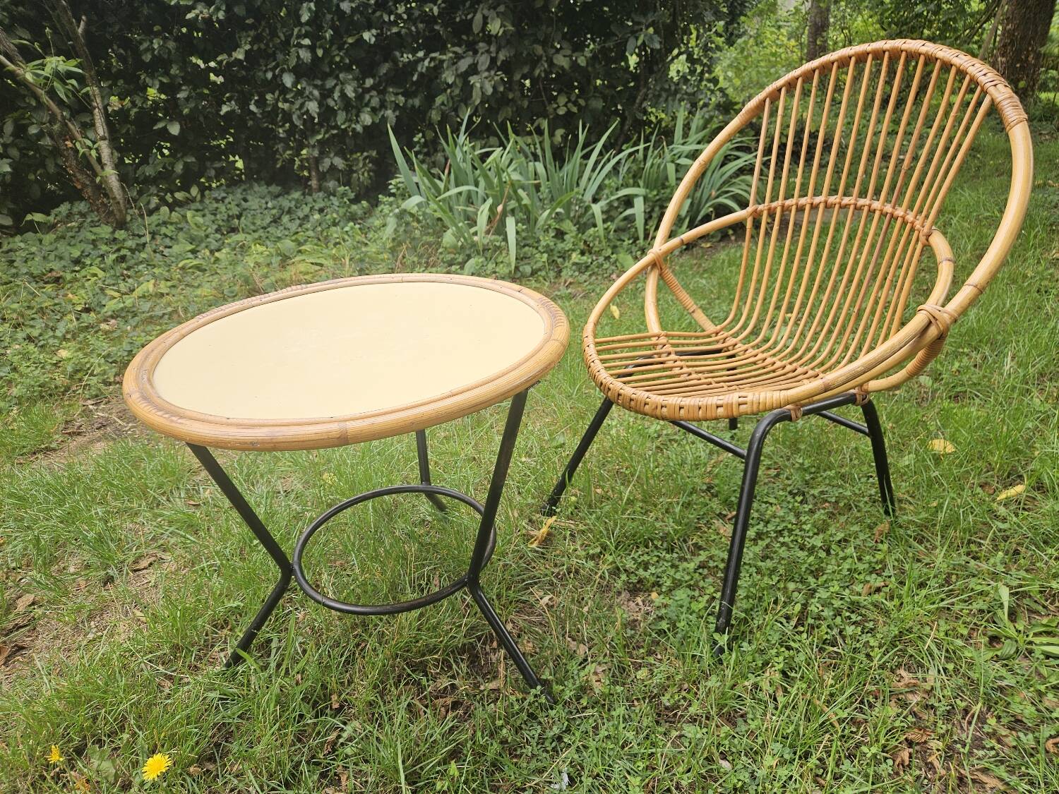 Vintage rattan armchair and coffee table attributed to Rohe Noordwolde