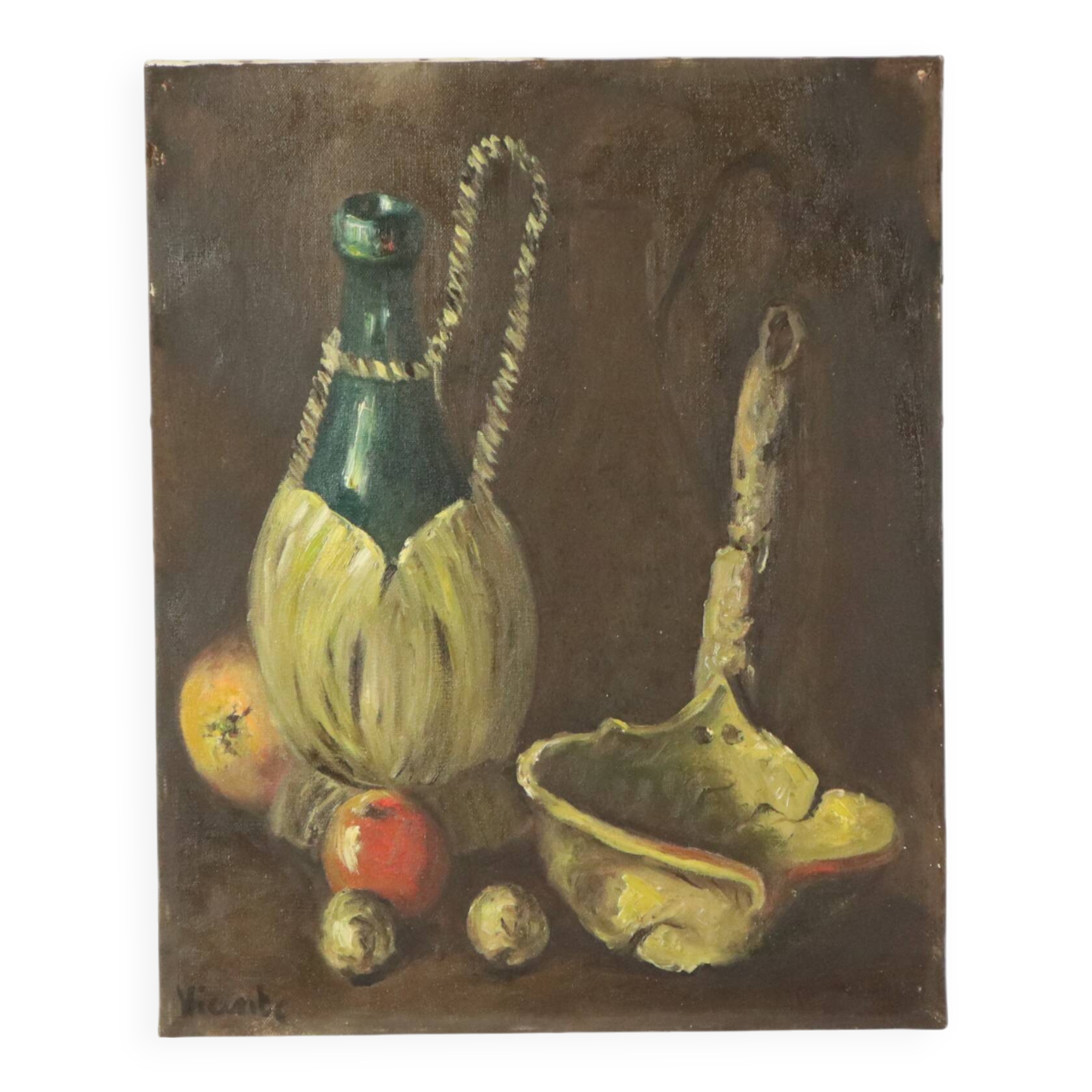 Still Life with Wine and Fruit Painting Oil on Canvas Signed