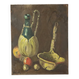 Still Life with Wine and Fruit Painting Oil on Canvas Signed