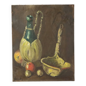 Still Life with Wine and Fruit Painting Oil on Canvas Signed