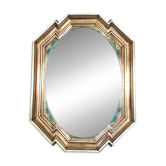 Vintage octagonal mirror, molar glass, patinated green silvering, floral decoration.