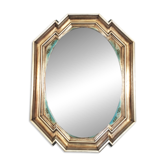 Vintage octagonal mirror, molar glass, patinated green silvering, floral decoration.