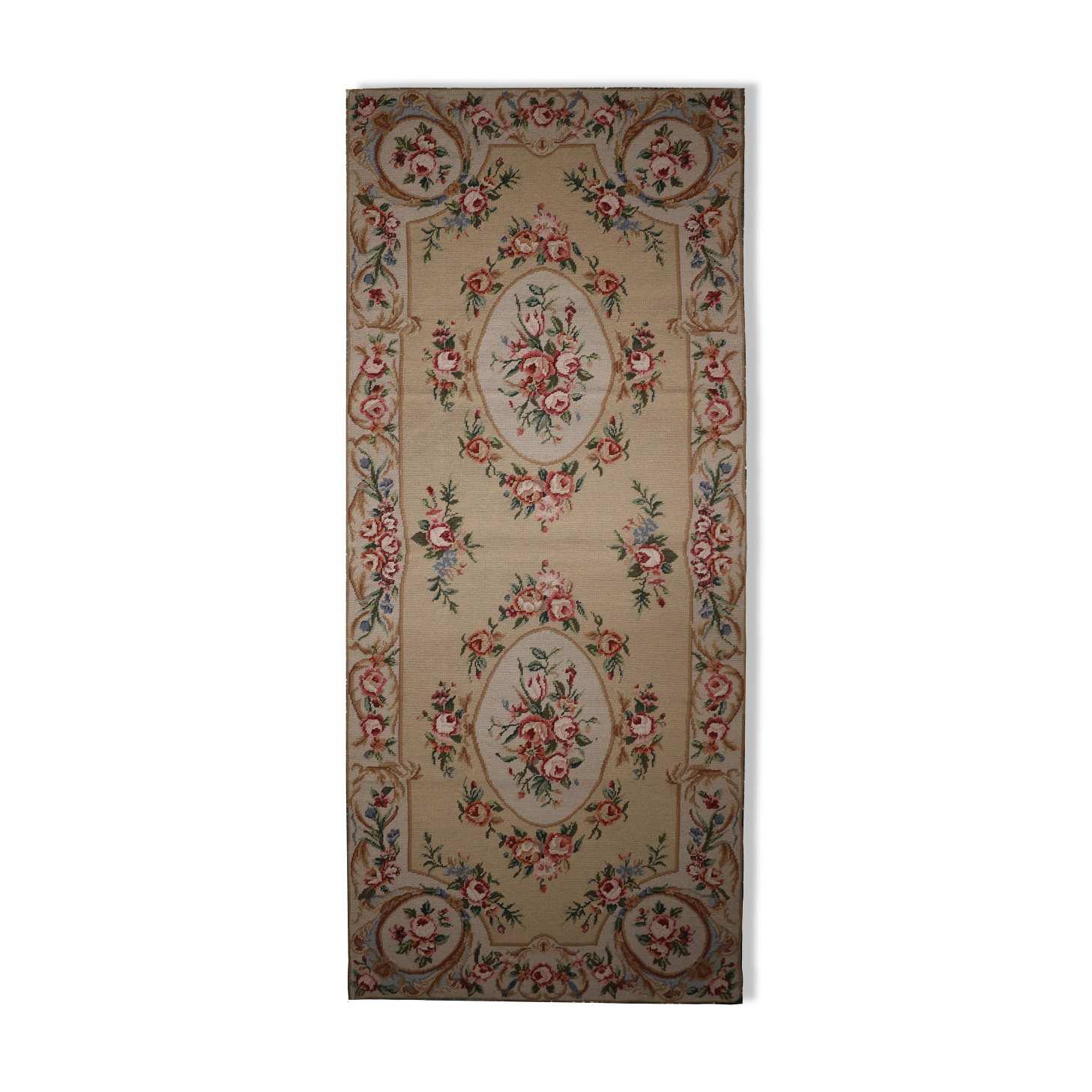 Small Needlepoint Tapestry Area Rug Handwoven Beige Floral Rugs- 76x183cm