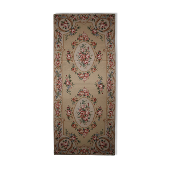 Small Needlepoint Tapestry Area Rug Handwoven Beige Floral Rugs- 76x183cm