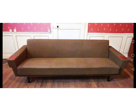 Canapé sofa daybed convertible années 60 70 kaki | Selency