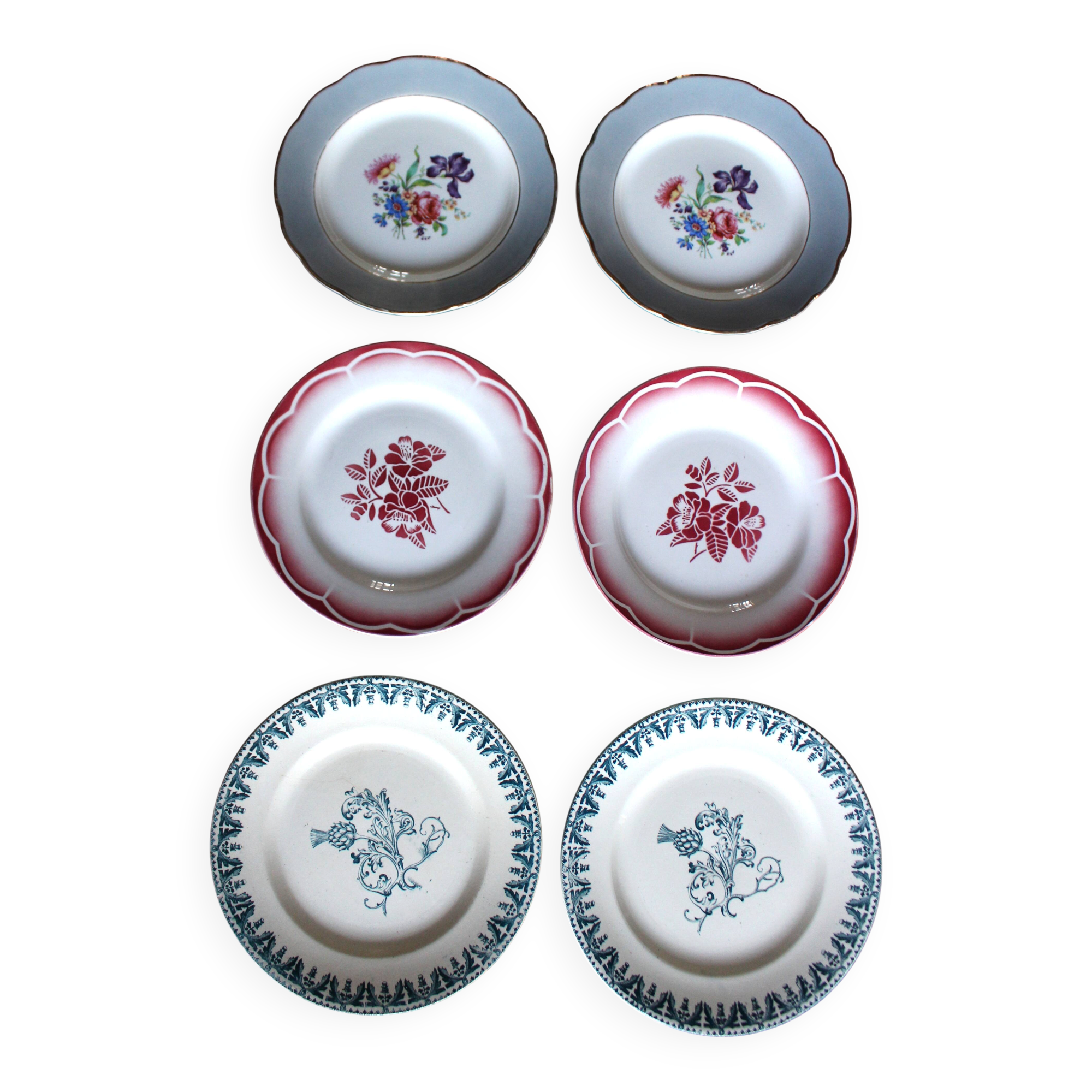 6 mismatched flat plates pairs Terre de Fer Marsac Flowers Digoin