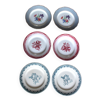 6 mismatched flat plates pairs Terre de Fer Marsac Flowers Digoin