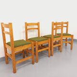 Set of 4 vintage chairs in pine and khaki green bouclette fabric from the 70s