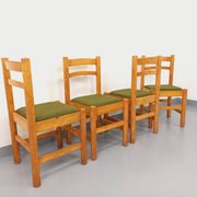Set of 4 vintage chairs in pine and khaki green bouclette fabric from the 70s