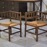 Pair of turned wooden corner chairs from the 1950s.