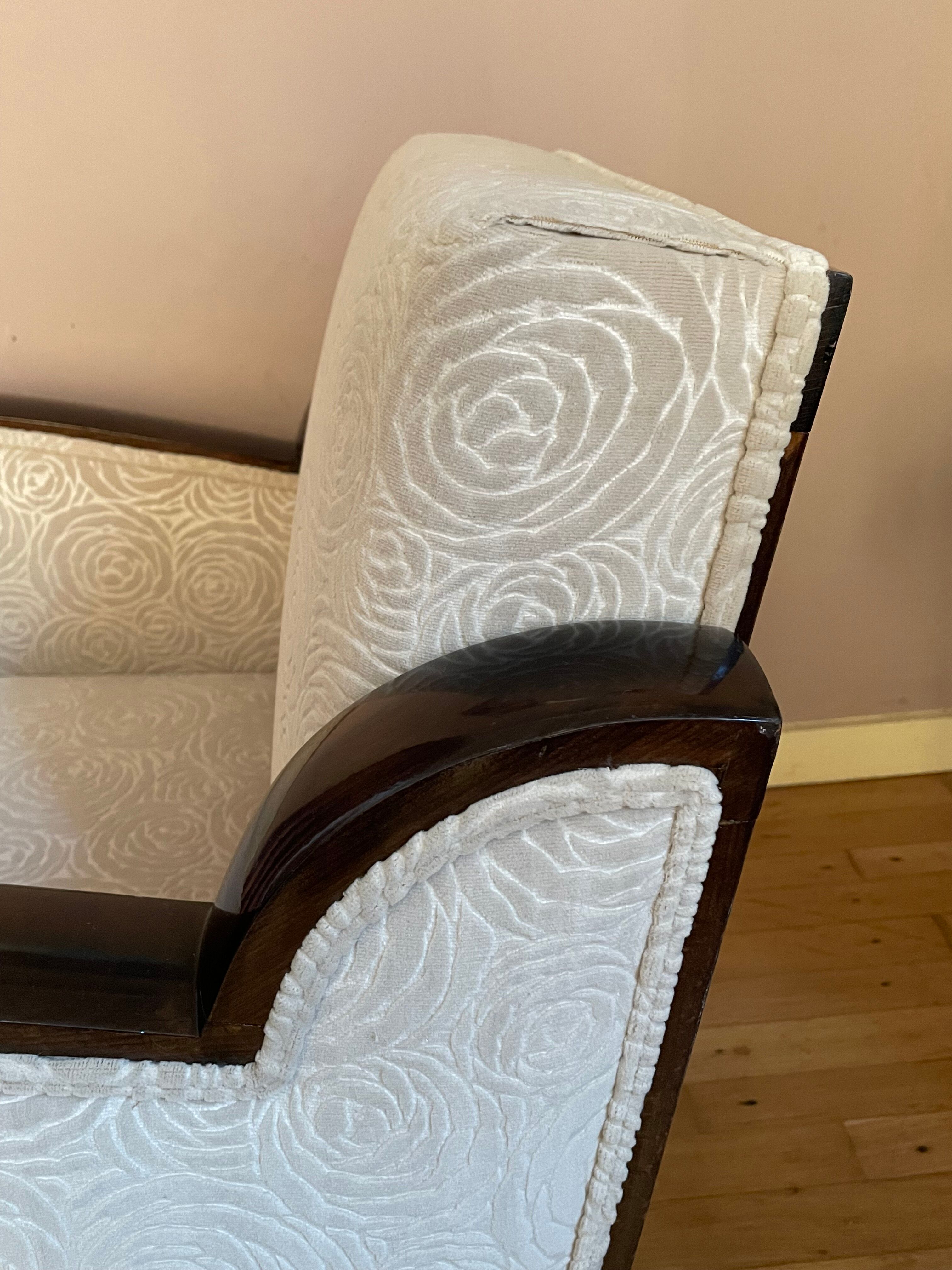 Art-deco convertible armchair in tinted beech and ivory-colored cotton velvet fabric