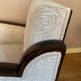 Art-deco convertible armchair in tinted beech and ivory-colored cotton velvet fabric