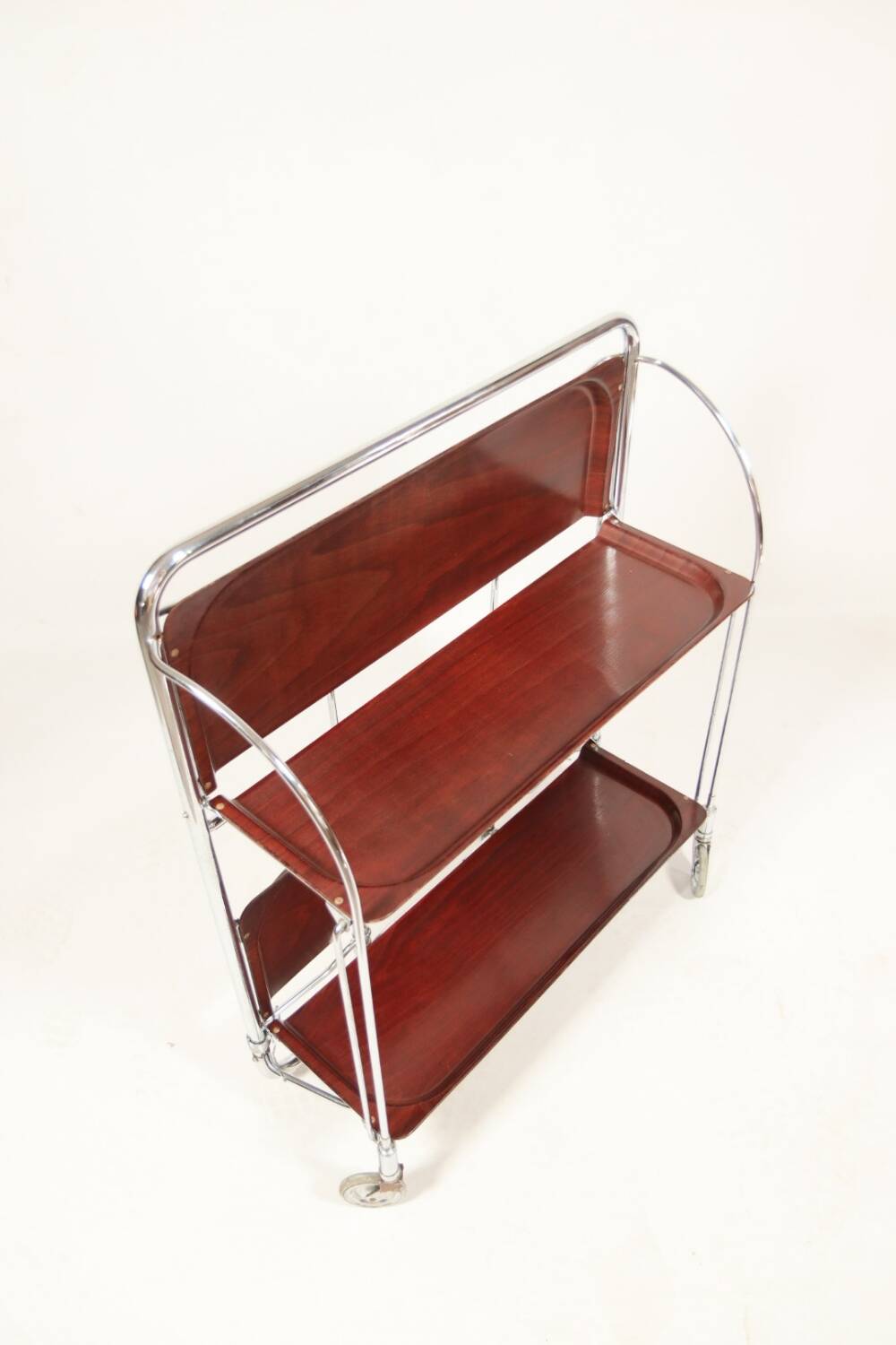 Bar de service vintage Bauhaus style chrome et bois mobile wengé