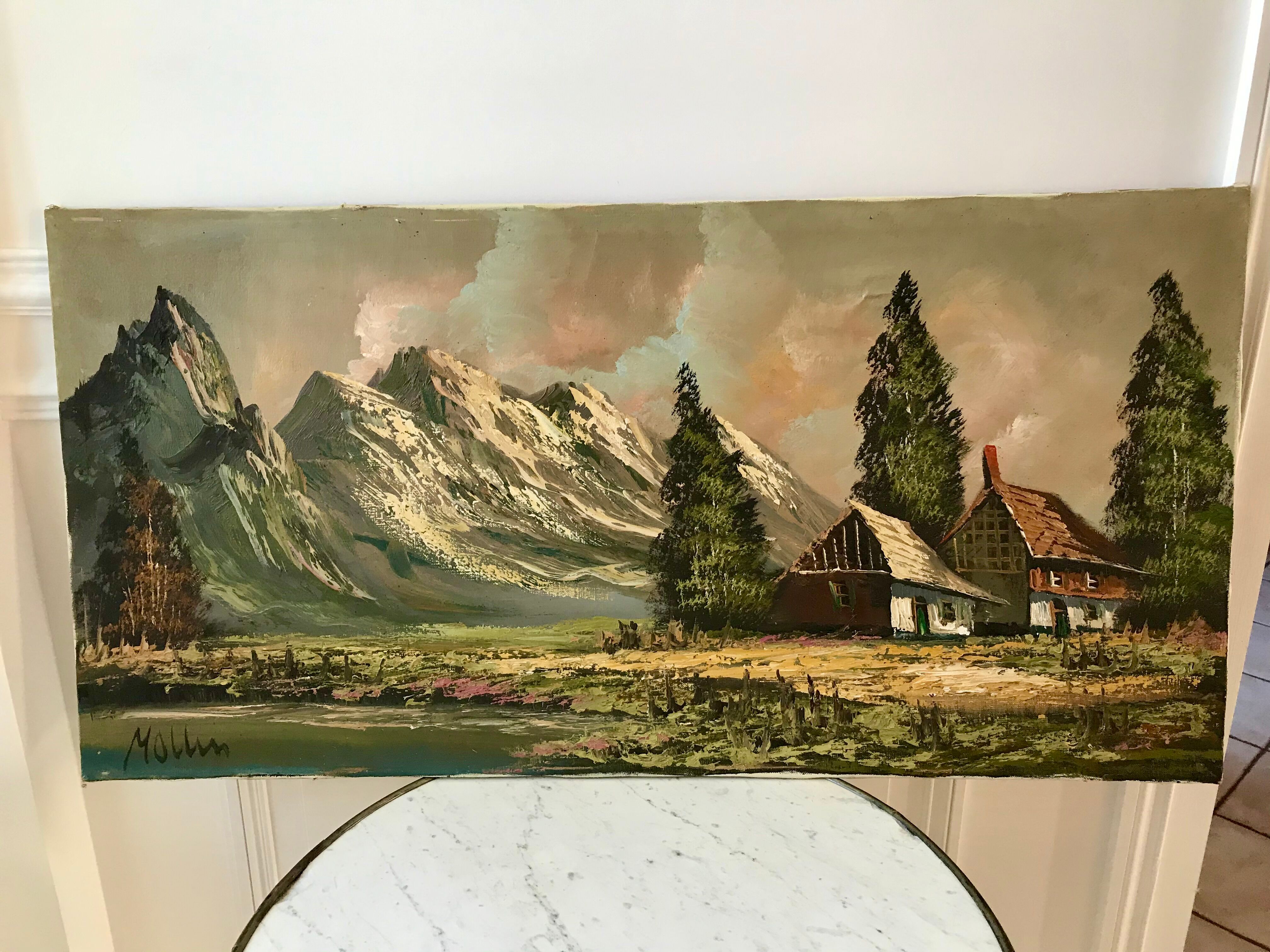 Oil painting on canvas landscape vintage mountains signed mollin