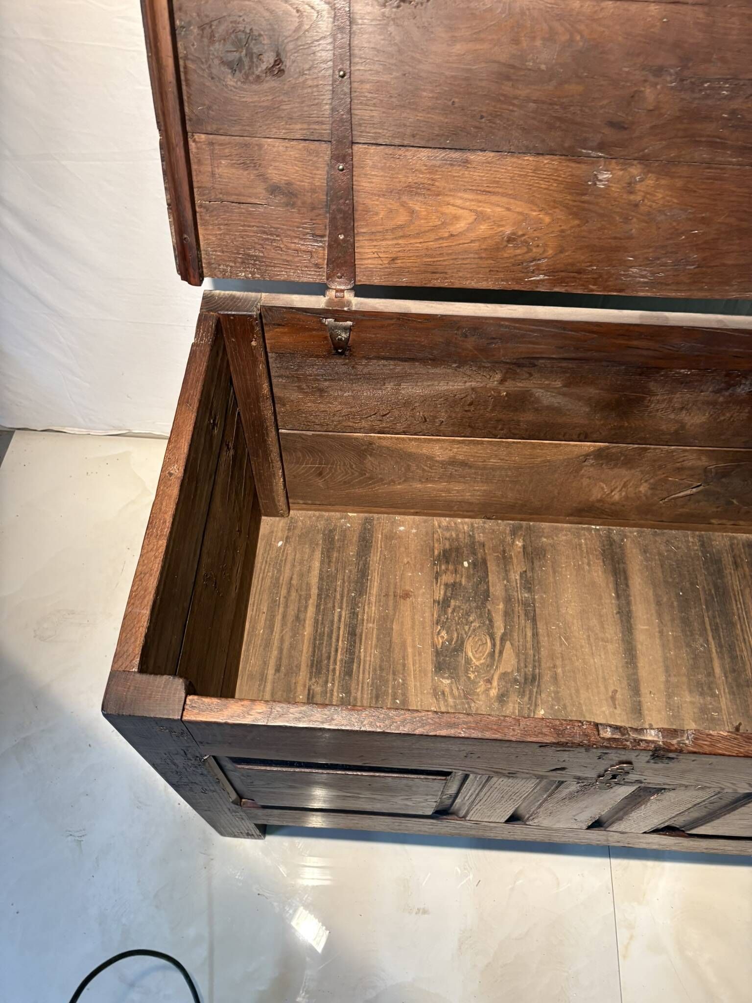 Rustic antique oak chest, original fittings and moulded panels.