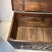 Rustic antique oak chest, original fittings and moulded panels.