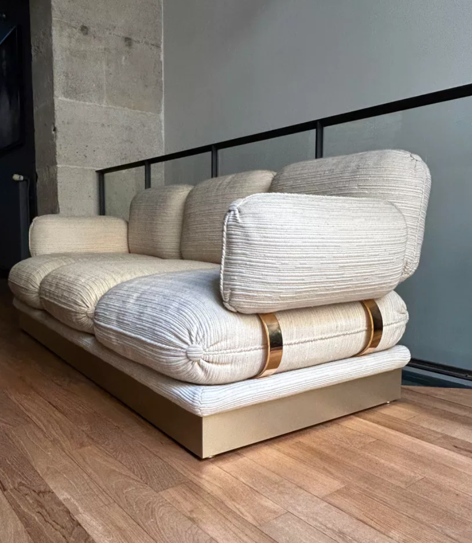 Vintage Thibier 3-seater sofa, beige fabric and brass, France 1978