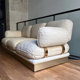 Vintage Thibier 3-seater sofa, beige fabric and brass, France 1978