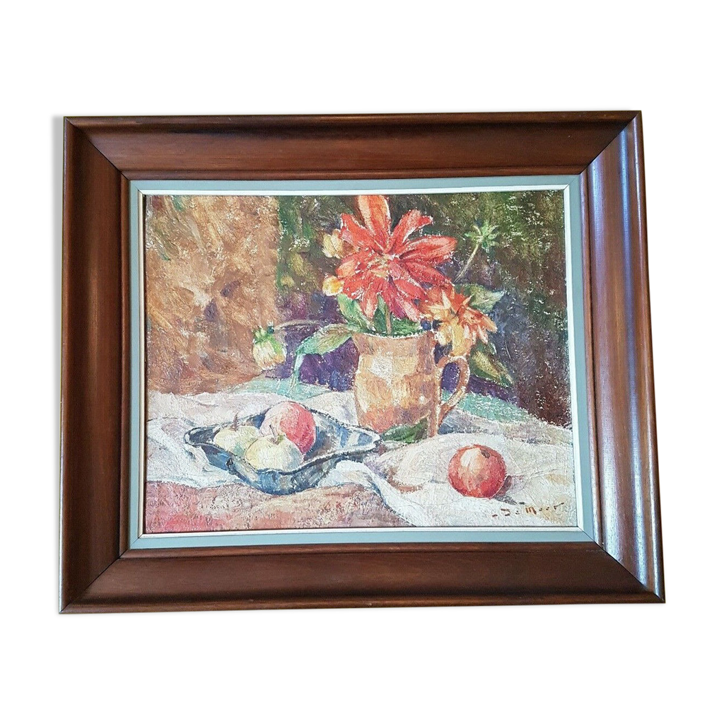 Tableau huile sur toile nature morte fleurs et fruits | Selency
