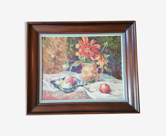 Tableau huile sur toile nature morte fleurs et fruits