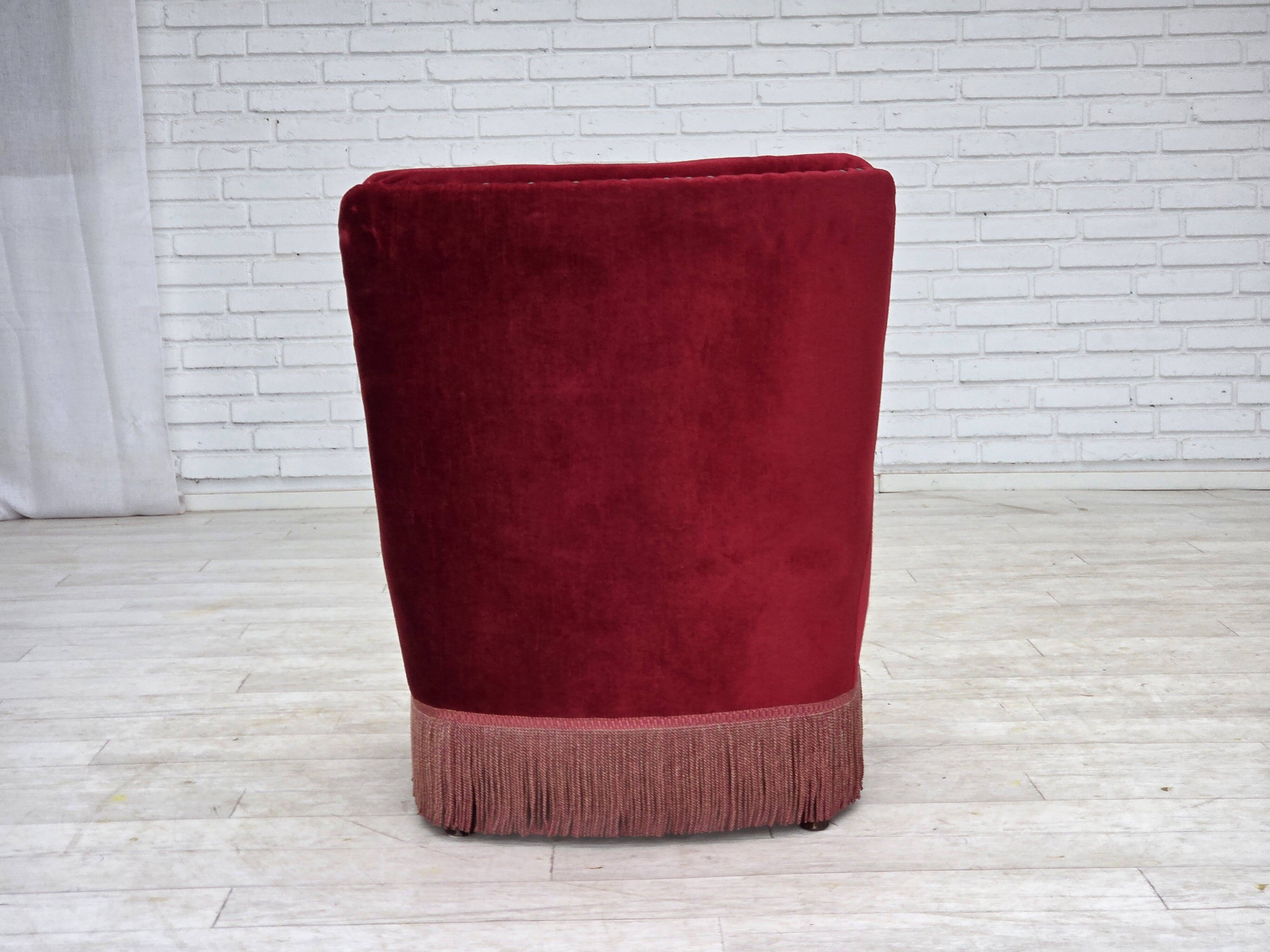 1960s, Danish armchair, original red furniture velour, beech wood legs.