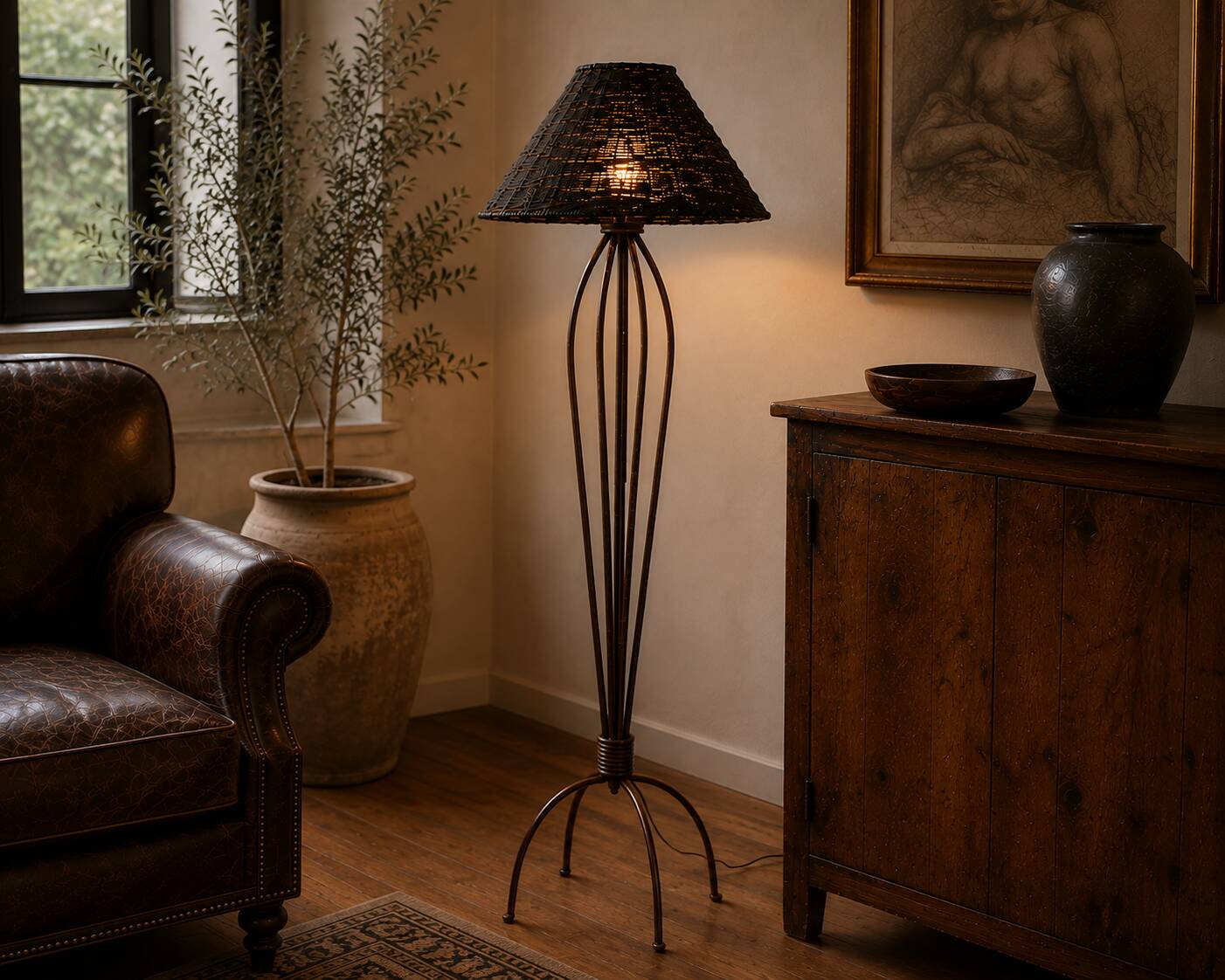 Lampe de sol en fer avec abat-jour en bambou tissé à la main, 1990-2000.