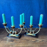 Pair of Art Deco candlesticks in brass and varnished wood, 1930s/1940s
