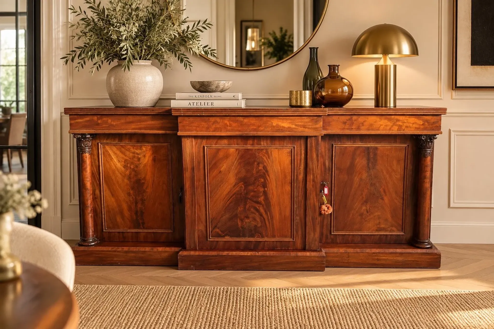Large buffet in flame mahogany, William IV / Regency columns.