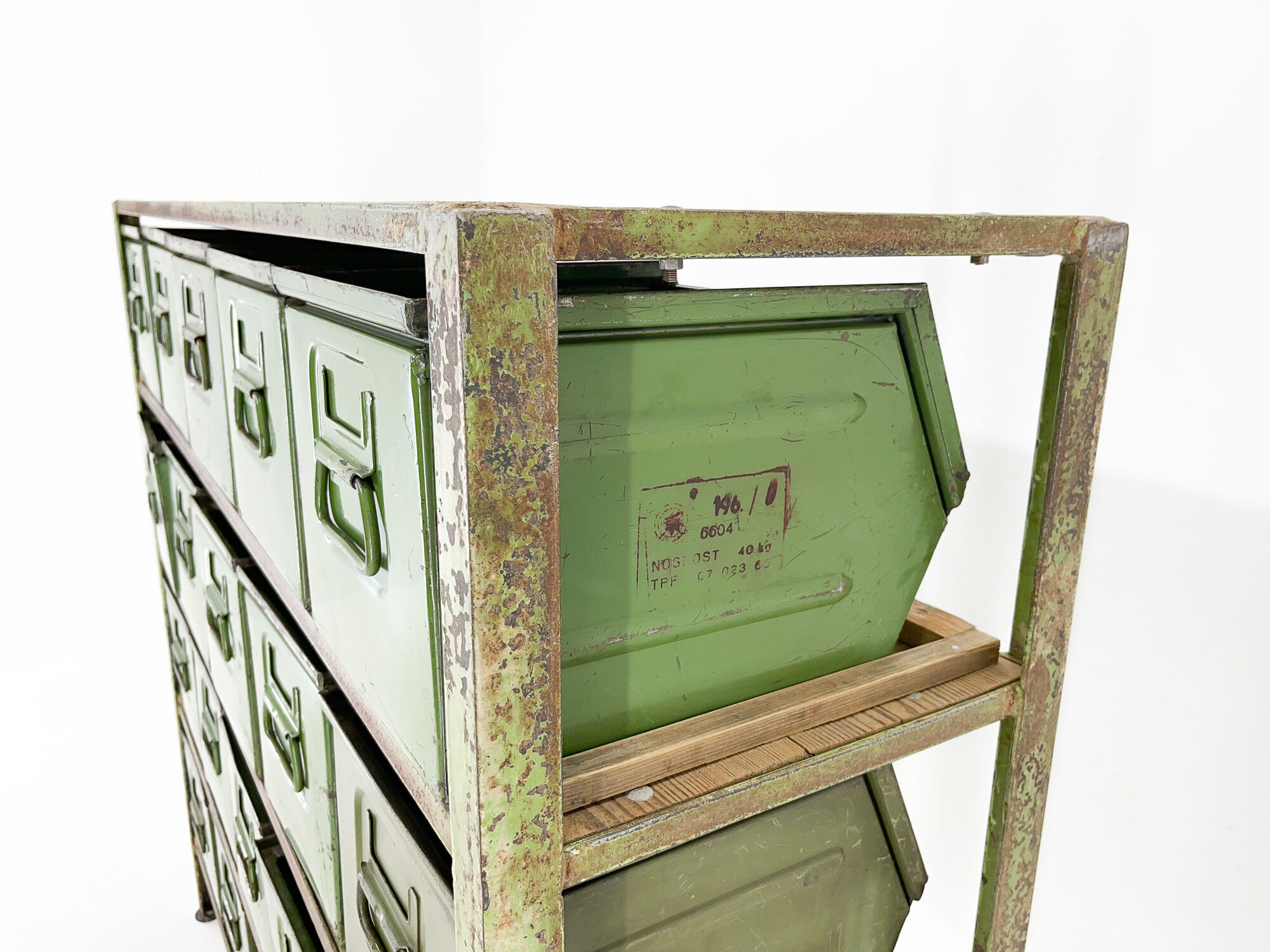 Vintage industrial cabinet, 20 iron drawers, wooden top, 1950's