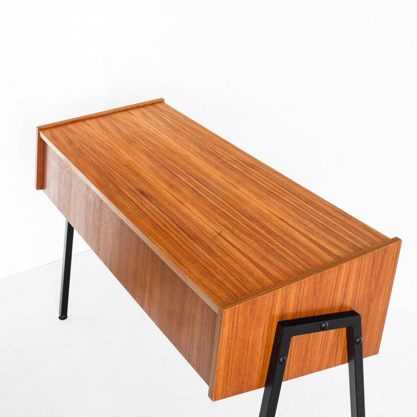 Vintage teak and lacquered iron console table. Scandinavian style. France, 1960s