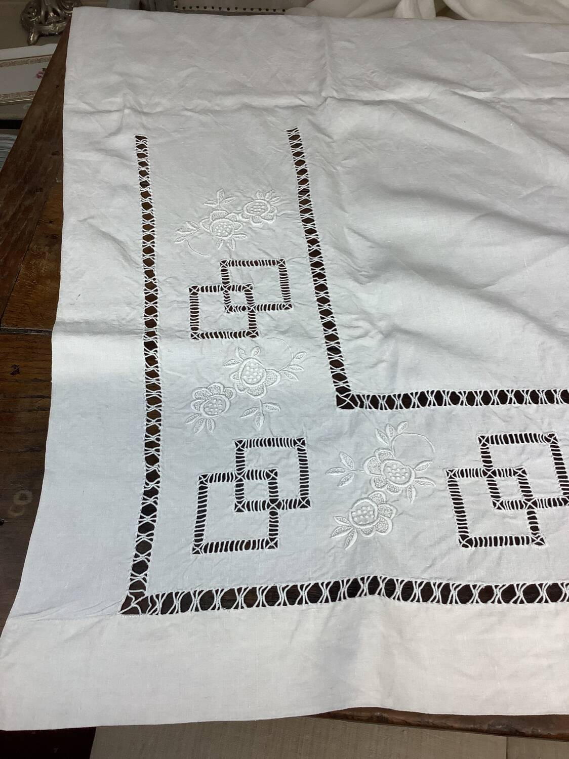Old linen sheet with monogram embroidery