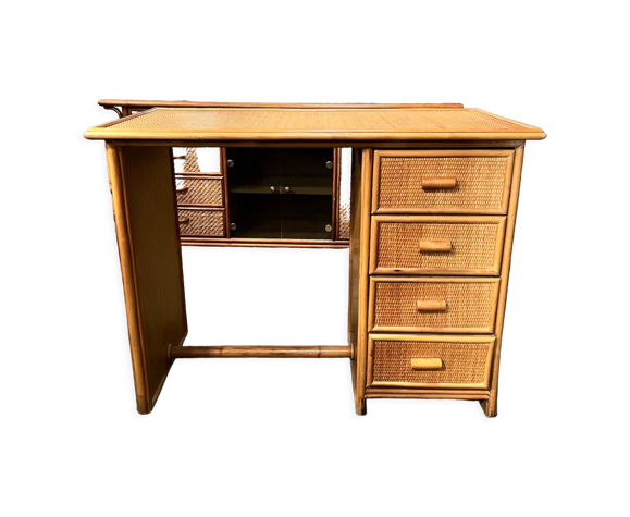 Bureau vintage en bois et rotin tressé à 4 tiroirs | Selency