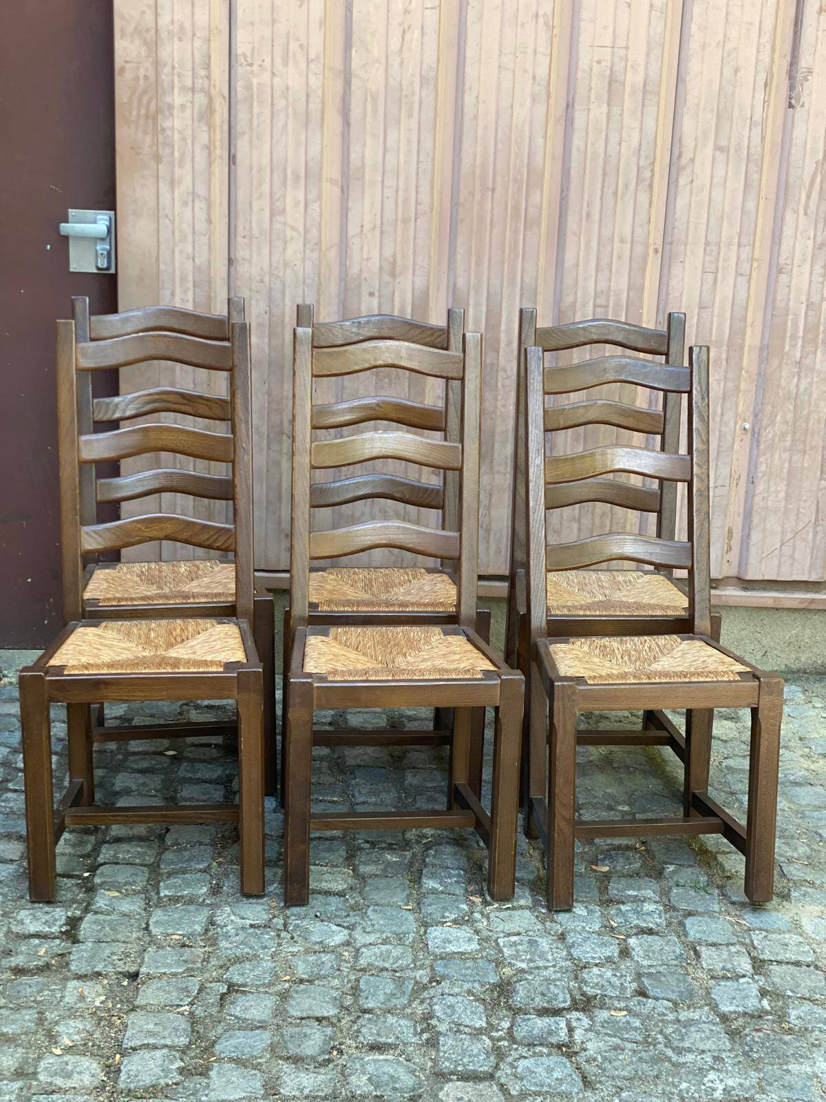 6 chaises à manger bois massif foncé paillées des années 70
