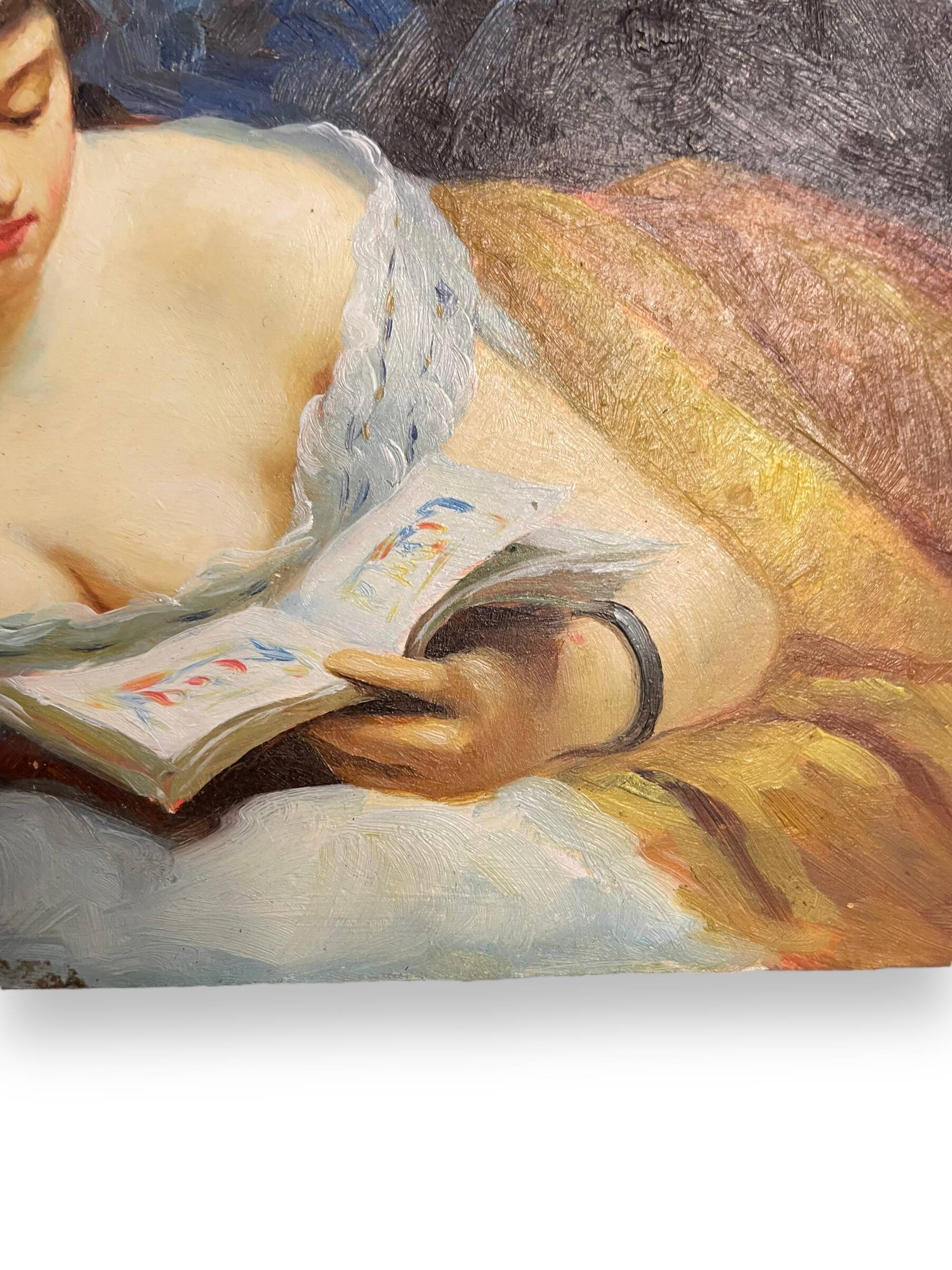 Young woman lying reading oil on panel