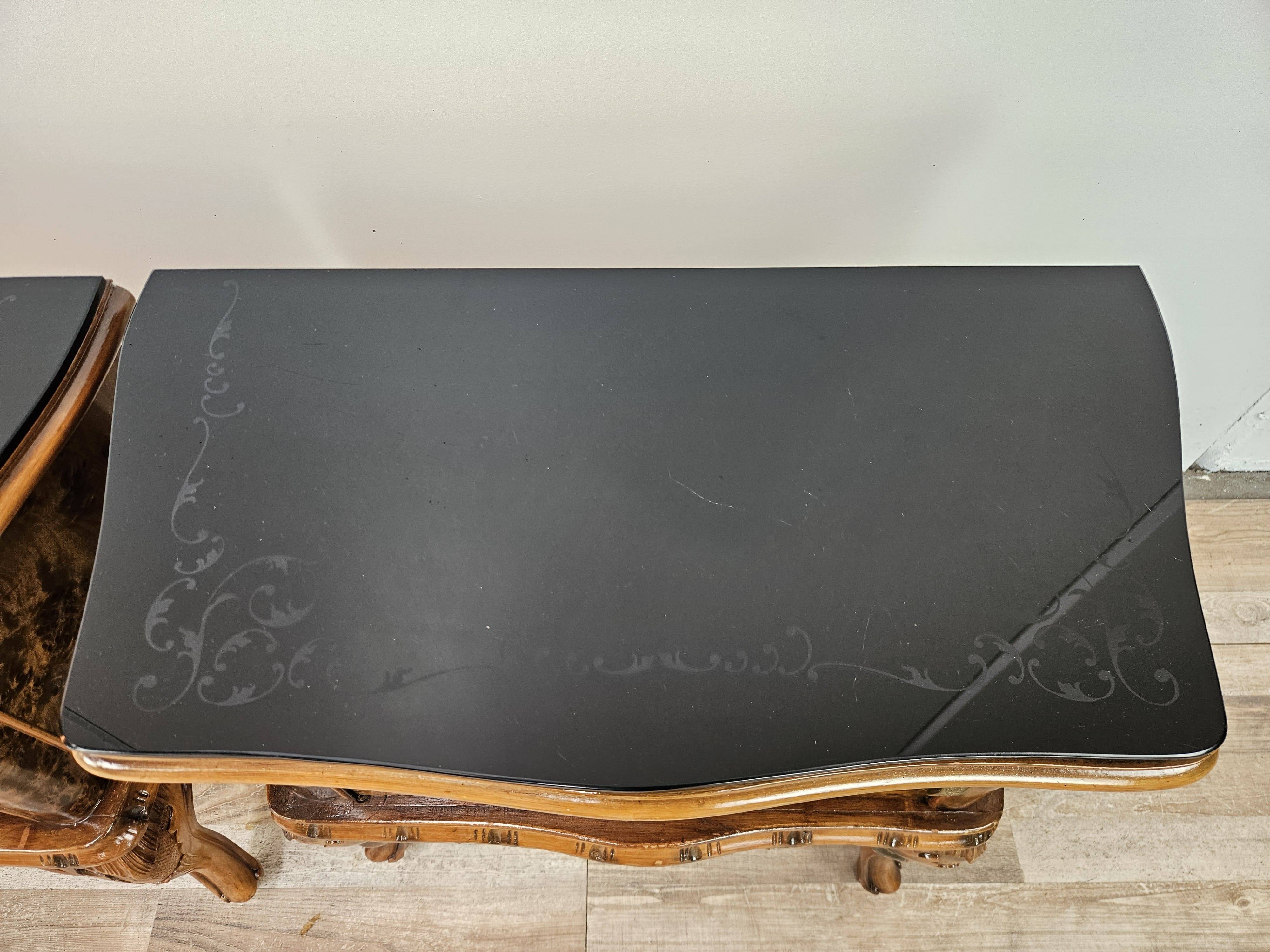 1950s Chippendale bedside tables with black glass