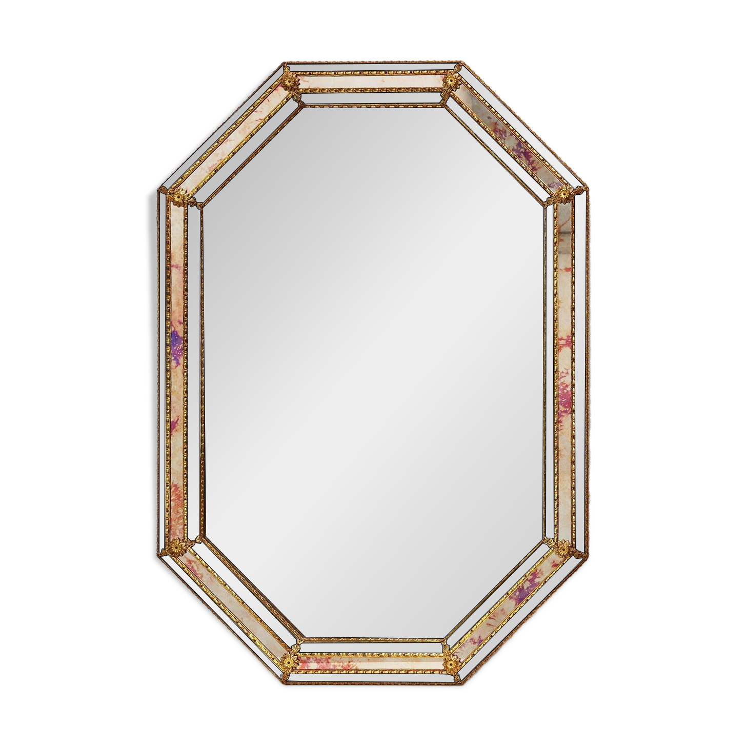 Venetian style octagonal mirror marked MGB, Planilux, Cristanola, Spain