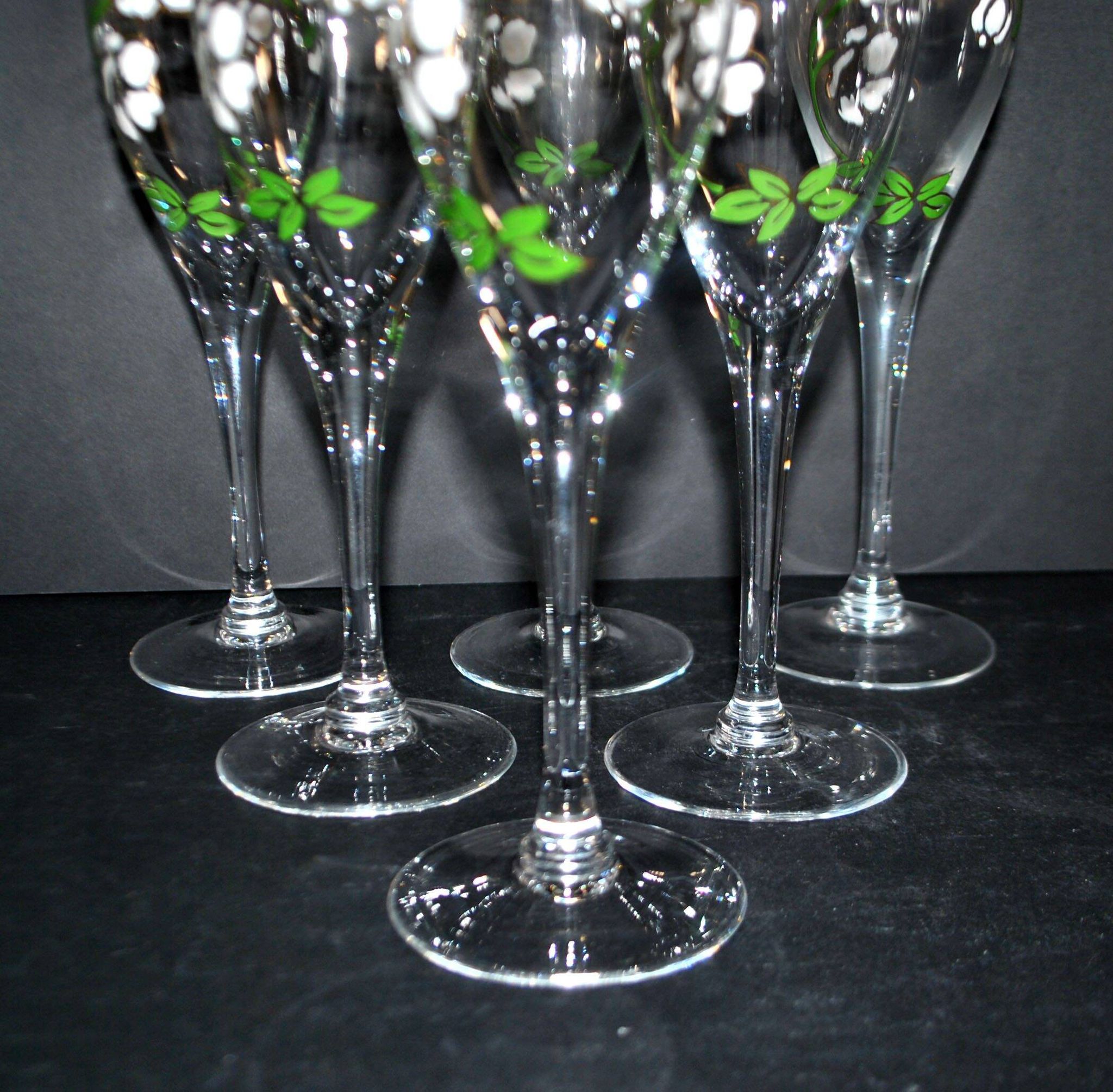 Perrier Jouet set of 6 Anemone Cuvée Belle Epoque champagne flutes in Gallé enamelled crystal