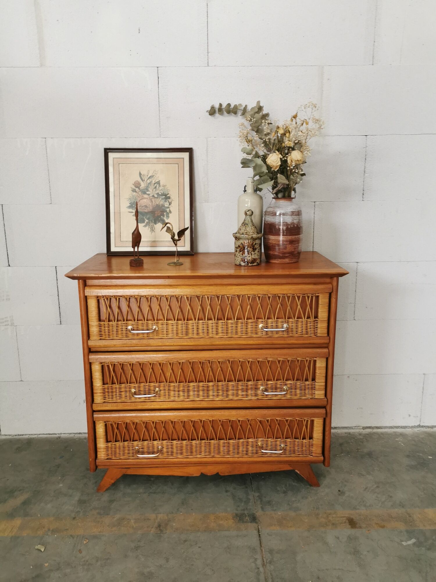 Vintage wood and rattan chest of drawers