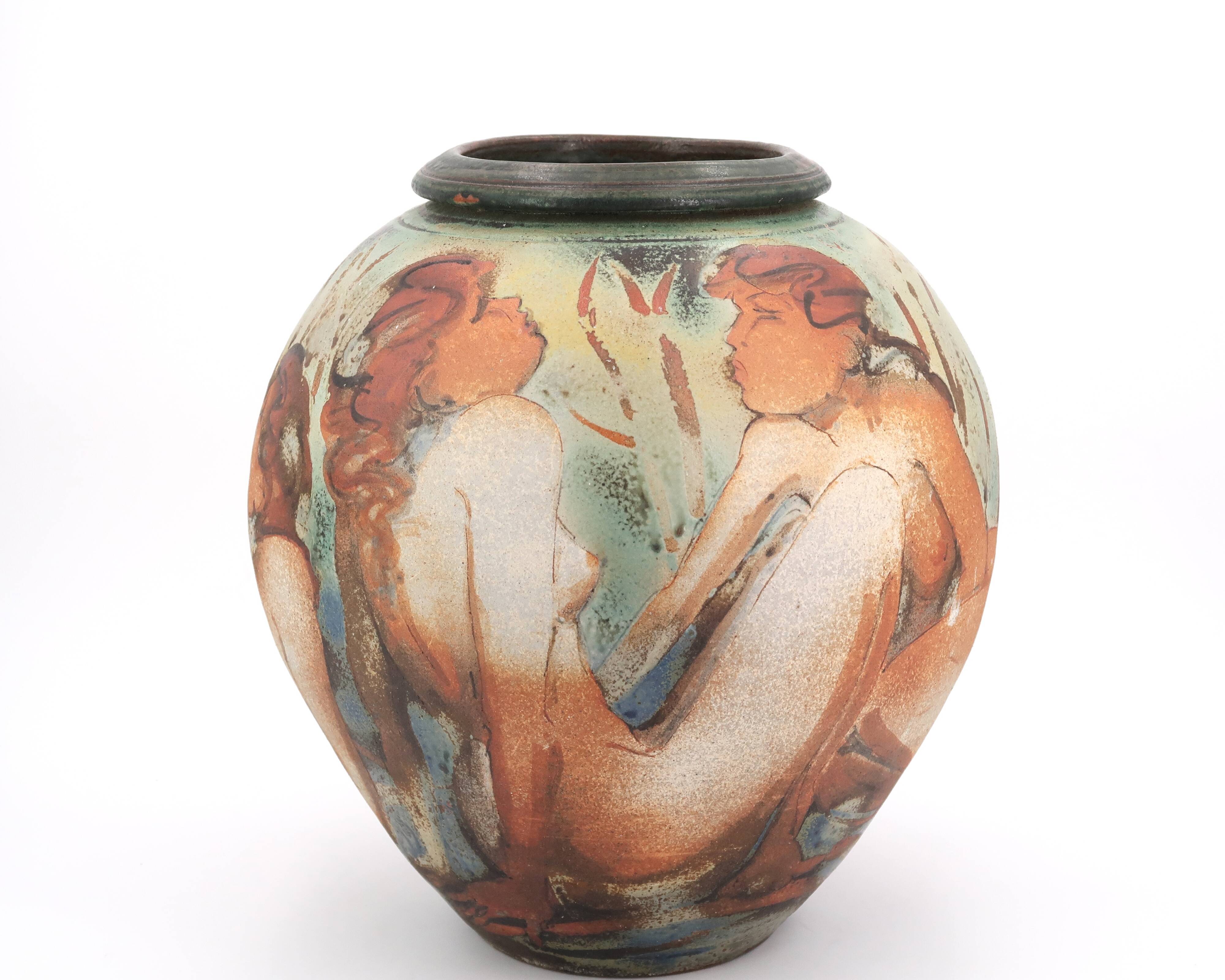Decorated vase with woman, bathing scene.