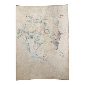 Original art nouveau drawing portrait of a woman