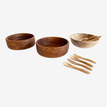 Set of 3 bols and 12 mini cutlery in wood and teak