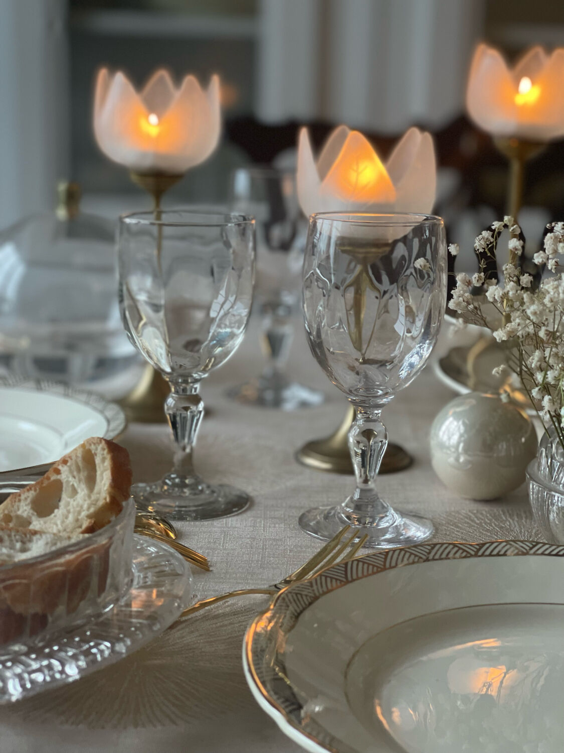 3 glass and brass candle holders